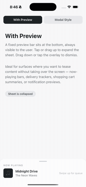 Expandable bottom sheet demo — collapsed preview bar and expand/collapse animation